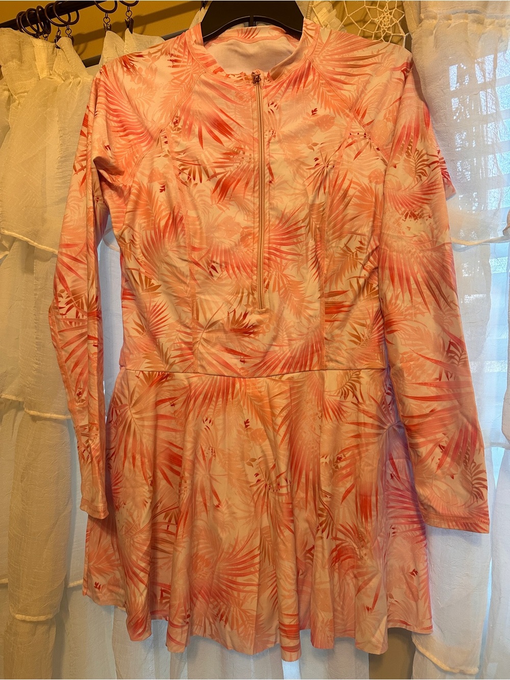 XL. New. Long Sleeve One-Piece Swim Dress in Coral Palm